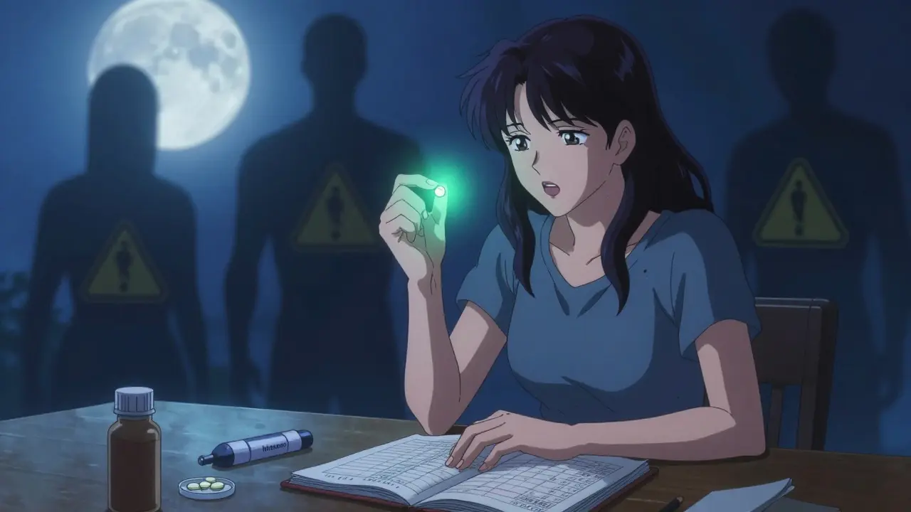 A woman hesitating between metformin and insulin symbols under moonlight.