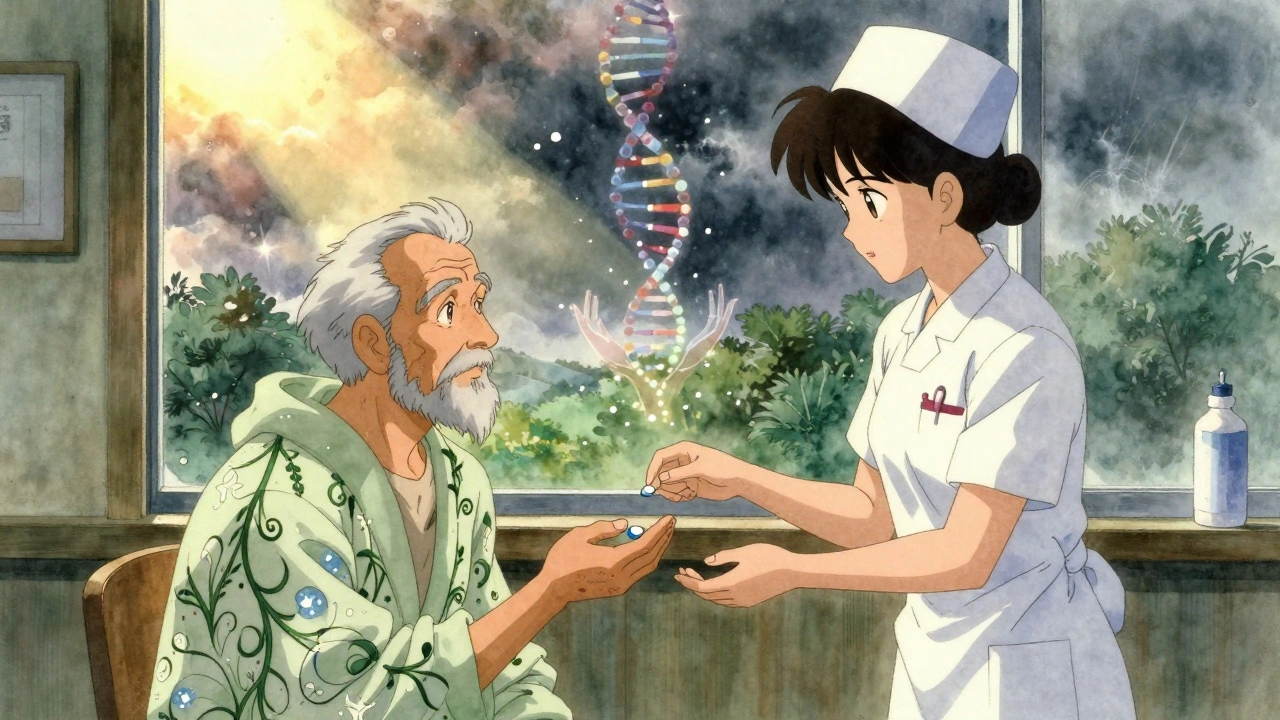 An elderly man receiving favipiravir from a nurse at dawn, sunlight illuminating healing symbols.