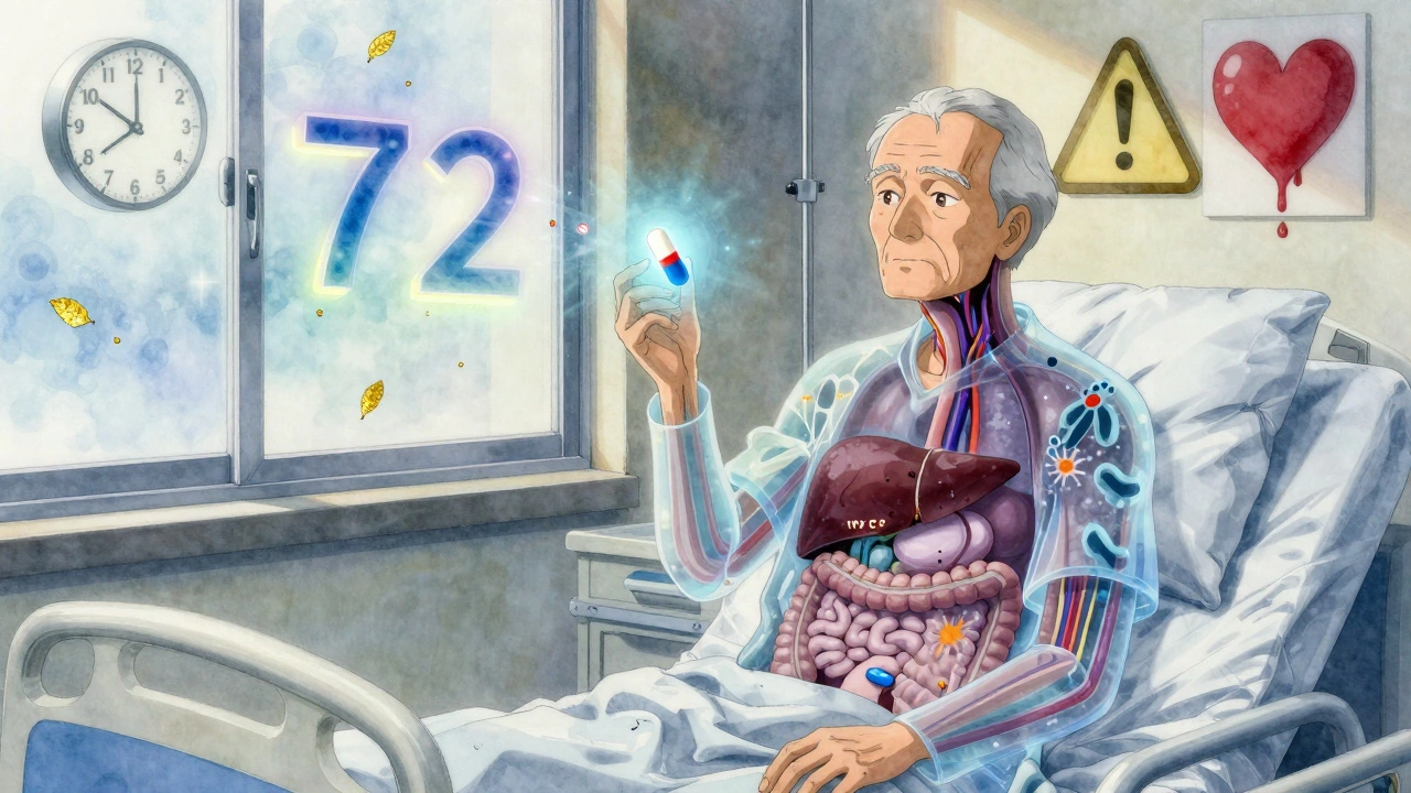 An elderly man with internal processes visible, showing warfarin interaction as gut flora dissolves and enzymes dim.