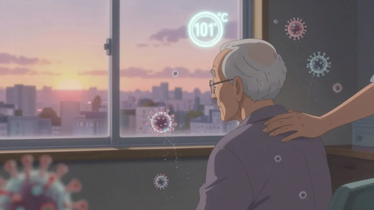 An elderly person in a quiet room with a 101°F sigil above them, viruses dissolving into dust, sunrise visible through the window.