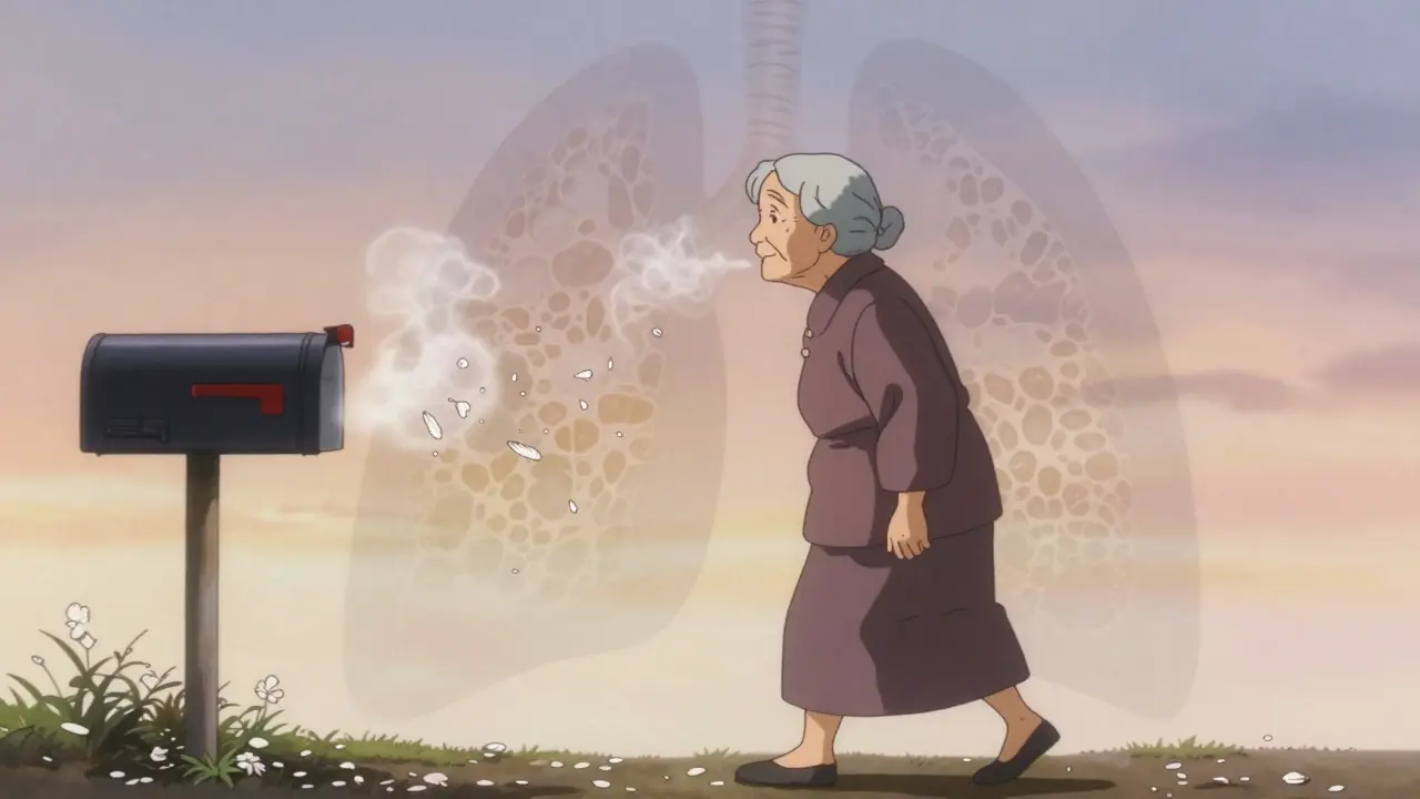 An elderly woman walking as her breath turns to smoke, with a ghostly scarred lung behind her.