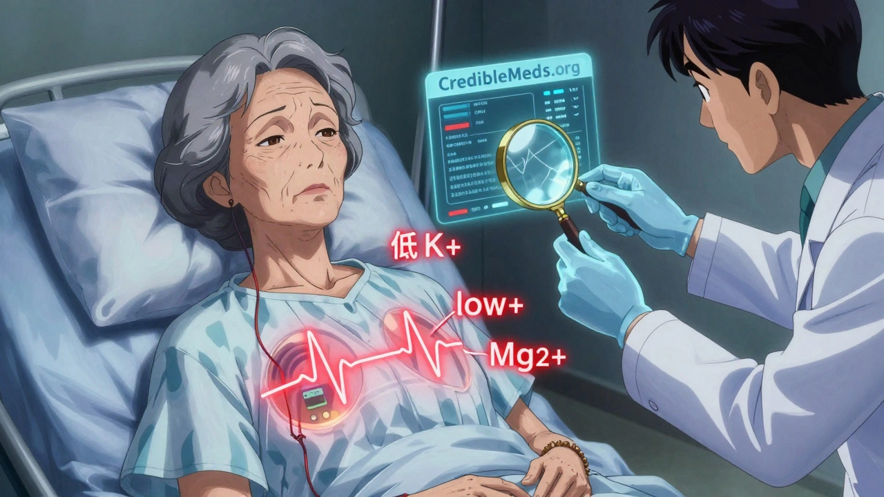 An elderly woman with an ECG waveform visible under her skin, surrounded by warning symbols.