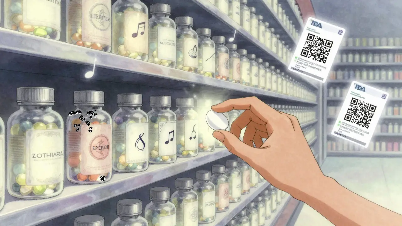 An infinite pharmacy shelf shows branded pills crumbling as generic ones glow with QR codes that bloom into FDA approval scrolls.