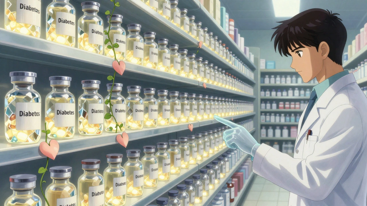 An infinite pharmacy shelf with brand-name bottles breaking apart as generics glow warmly, surrounded by flowering vines.