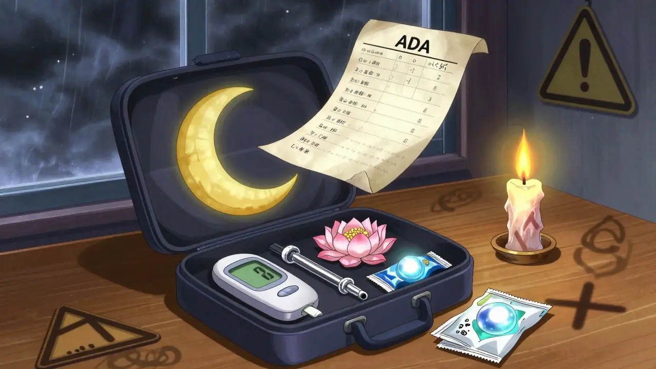 An open sick-day kit with mystical medical items glowing softly on a wooden table, under a stormy window, in Yoshitaka Amano style.