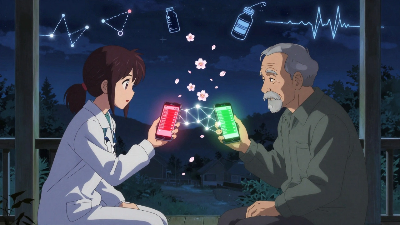 Caregiver and elderly man on a porch, their phones emitting connected light networks mapping medications.