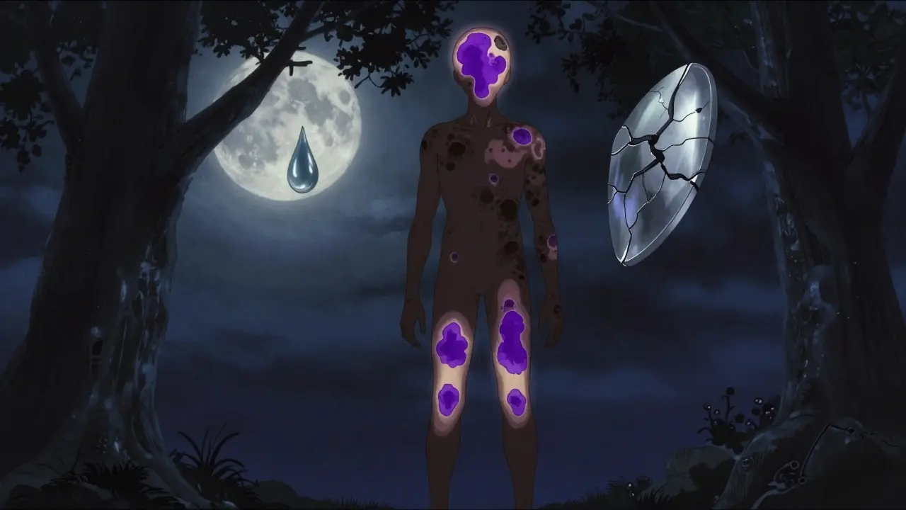 Dark-skinned figure with violet and gray skin patches under moonlight, surrounded by symbolic floating elements in anime style.