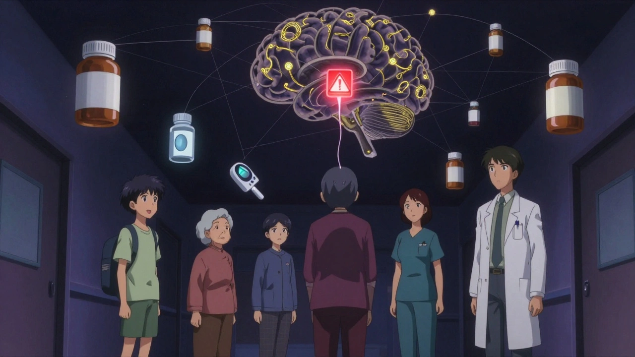 Diverse people connected by glowing threads to a web of medical products and a warning label in a starlit hallway.