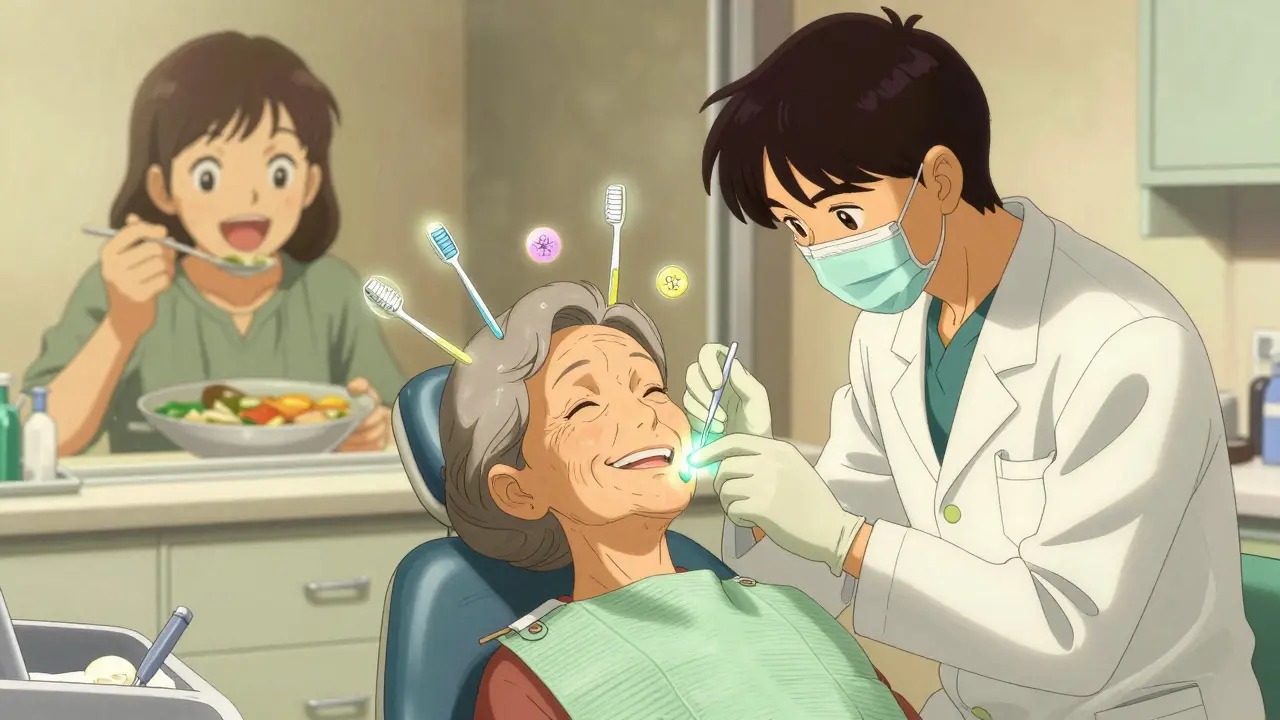 Elderly woman receiving gentle dental care before cancer treatment, protective charms floating nearby.