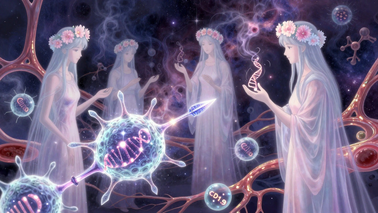Ethereal figures crafting glowing CAR-T cells with starlight and DNA spirals in a dreamlike lab.