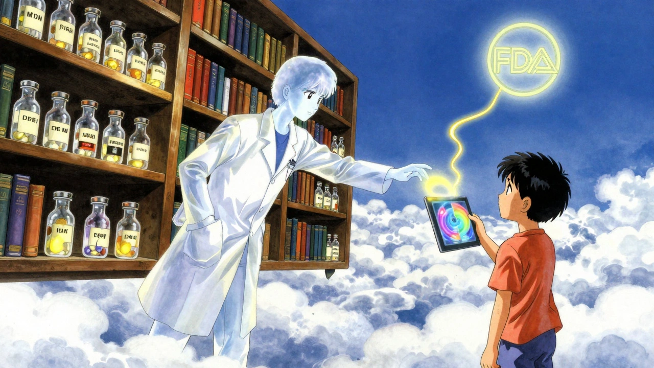 Floating medical library with glowing vials and a tablet projecting side effect auroras connected to an FDA seal.