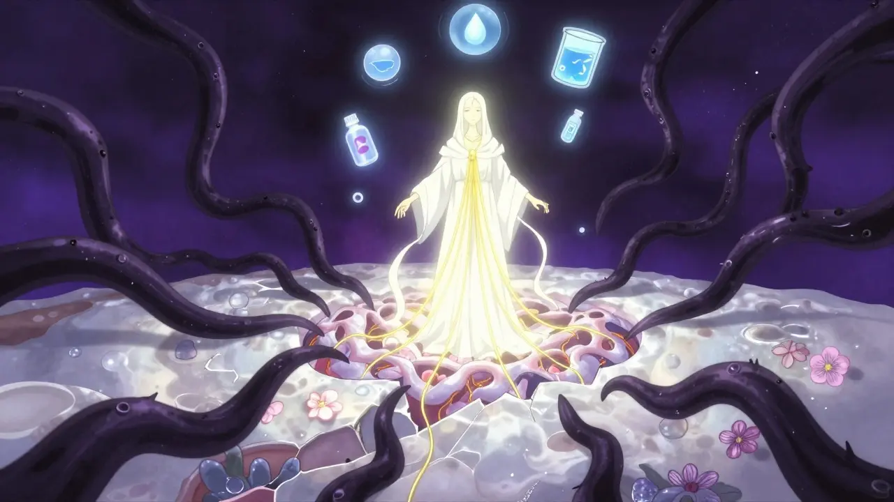 Fractured mouth landscape being restored by golden light as chemical tendrils recede.