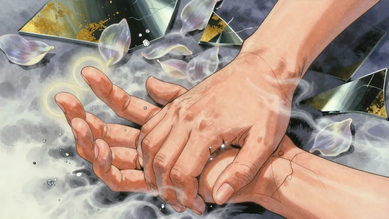 Human hand with pitted and ridged nails, surrounded by glowing flakes and mist, illustrating psoriasis and eczema differences.