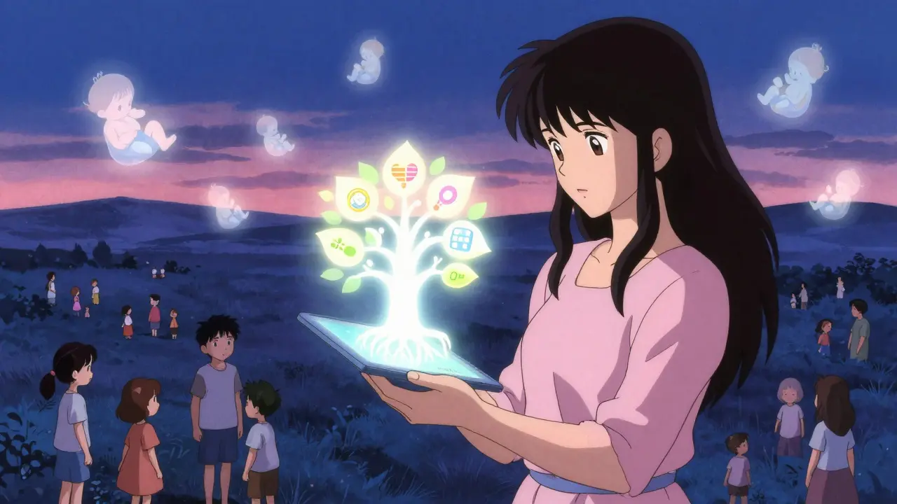 Mother holding a transforming tablet that becomes a radiant tree with infant-shaped roots and medication leaves.