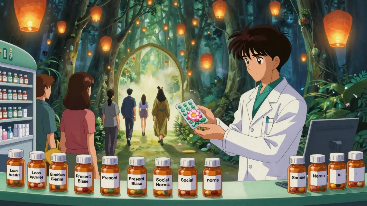 Patients cross a portal of pill bottles guided by a spirit-like pharmacist, holding a lotus-shaped blister pack amid floating lanterns.