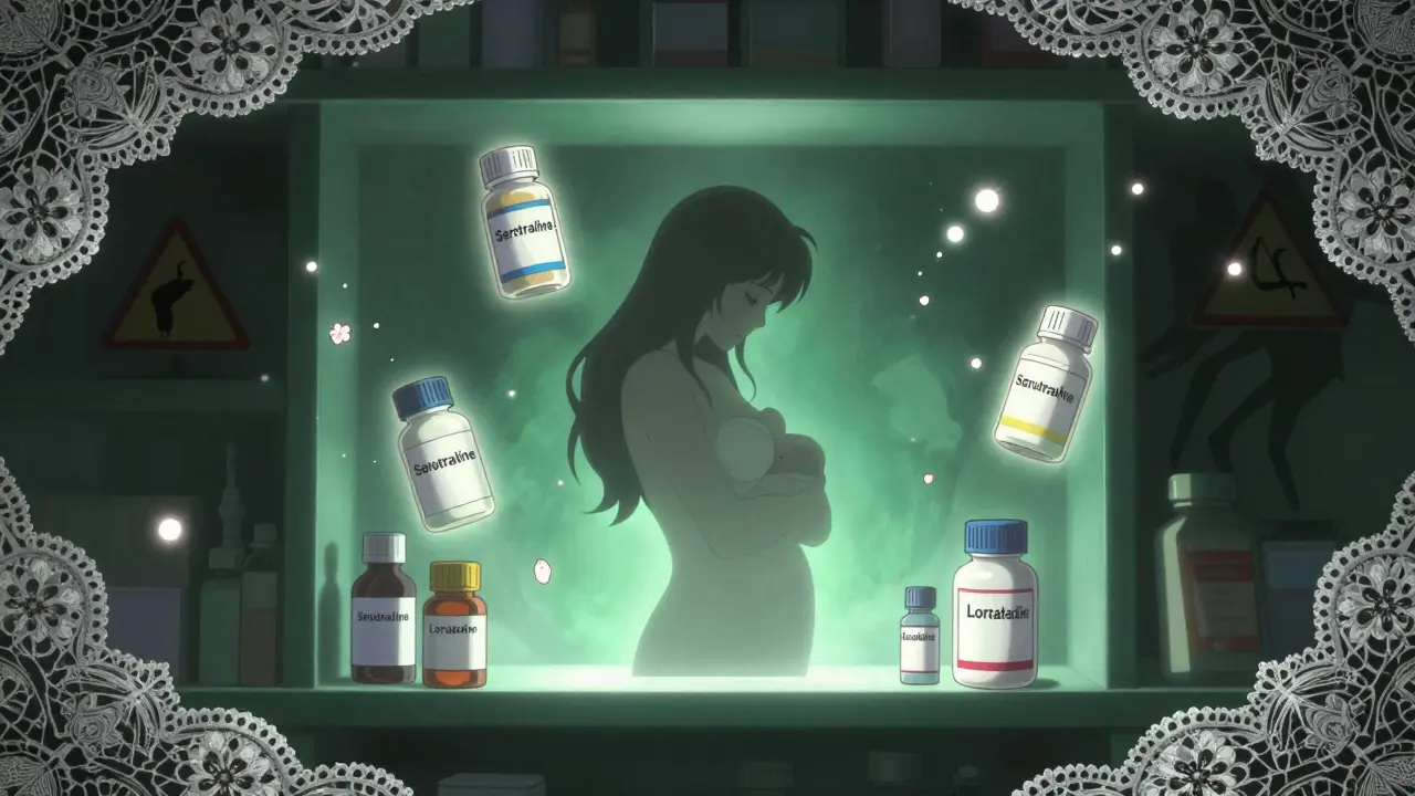 Pharmacy bottles glowing with halos above a breastfeeding mother, outdated warnings dissolving into blossoms.