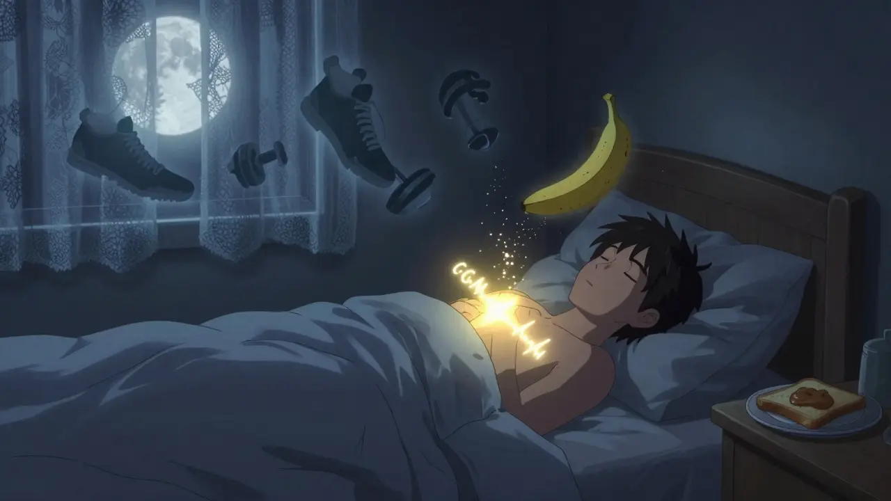 Someone sleeping at night with a pulsing CGM and floating exercise symbols, a snack on the nightstand glowing softly.