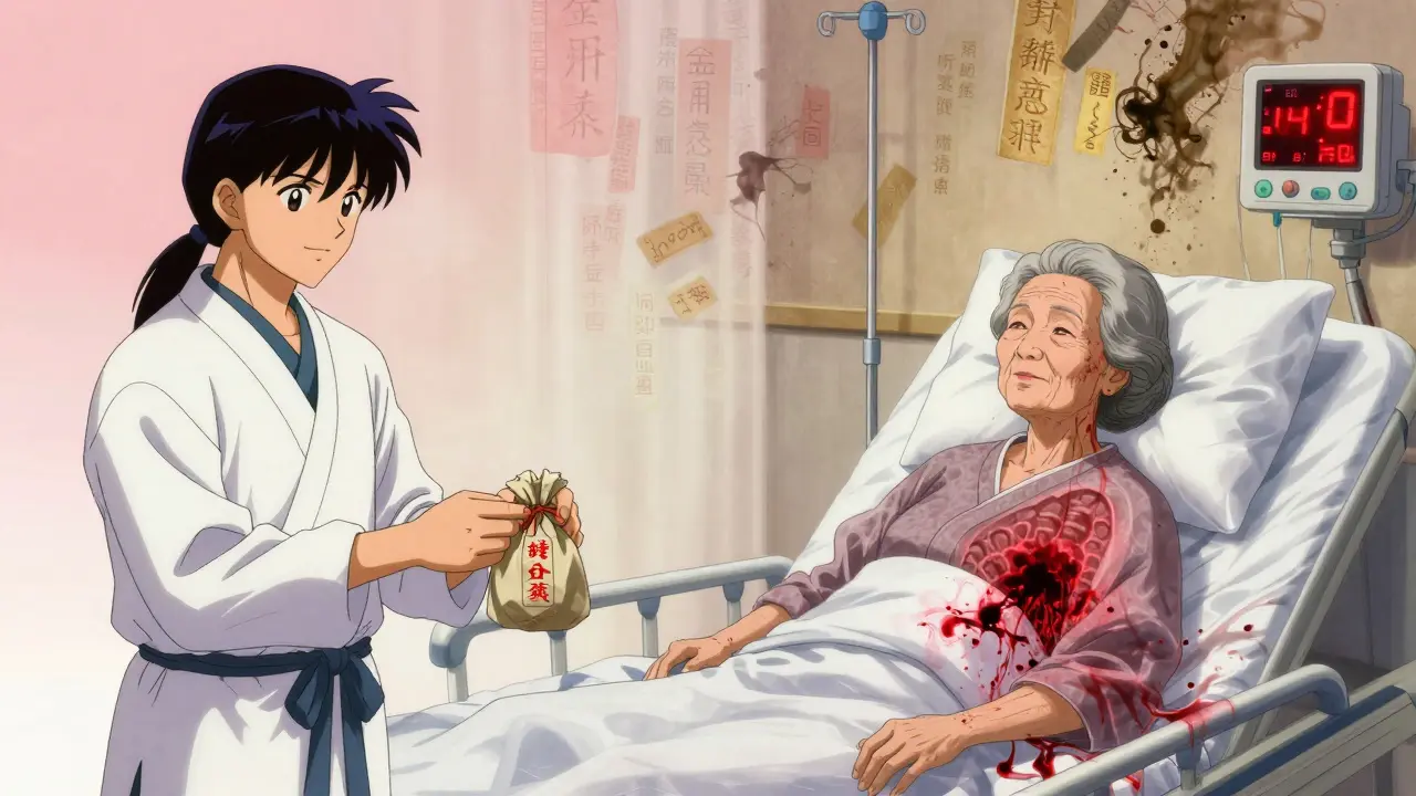 Split scene: a herbalist gives Danshen, while the same woman bleeds internally in a hospital bed, ink-like red spreading.