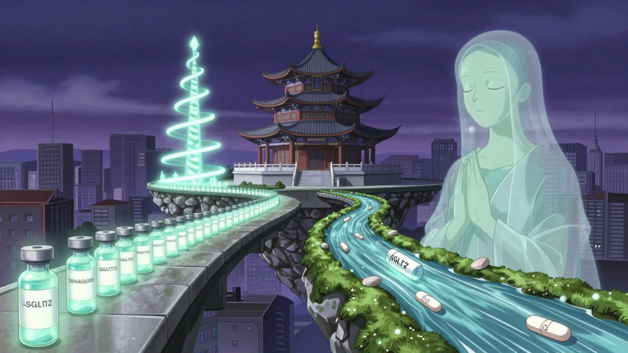 Two medical paths diverge in a floating temple, one with GLP-1 drugs, the other with safer alternatives, under a watchful guardian.