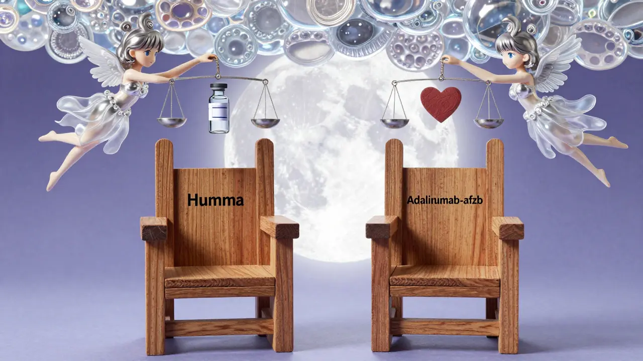 Two nearly identical wooden chairs symbolize brand and biosimilar drugs under a cellular canopy.