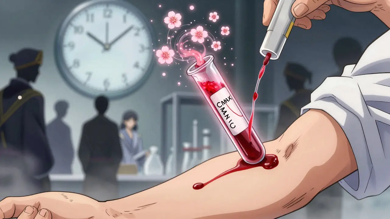 A blood sample transforming into a glowing nebula of drug concentration curves in a mystical lab setting.