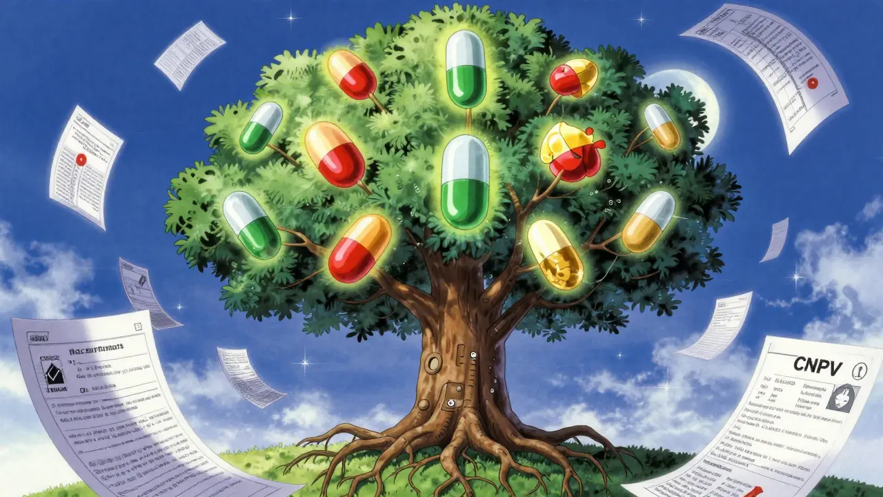 A celestial tree bears generic drug fruits, lit by AI scrolls and rolling review symbols under a soft moon.