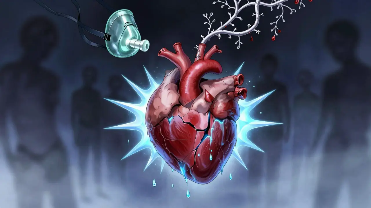 A cracked heart leaking blue blood, surrounded by thorn-like spikes from oxygen drops, with a CPAP mask hovering above as a silver vine repairs vessels.