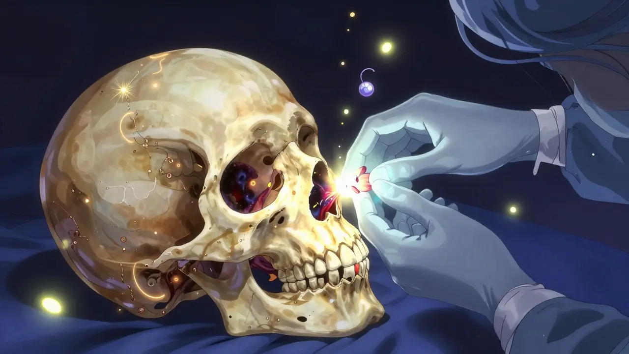 A delicate surgical scene inside a glowing skull, a radiant tumor being extracted by a light-and-petal hand, surrounded by glowing ACTH fireflies.