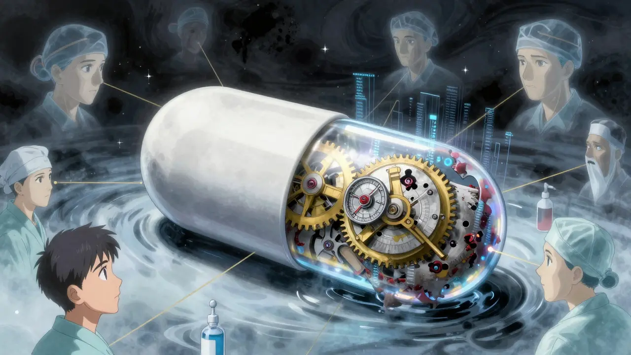 A generic pill dissolving to reveal a half-corrupted clockwork core, surrounded by floating faces and fading data streams.