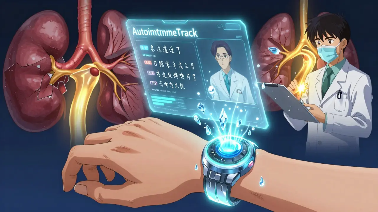 A glowing wearable emits biomarkers into a holographic AI interface, healing organs with golden light.