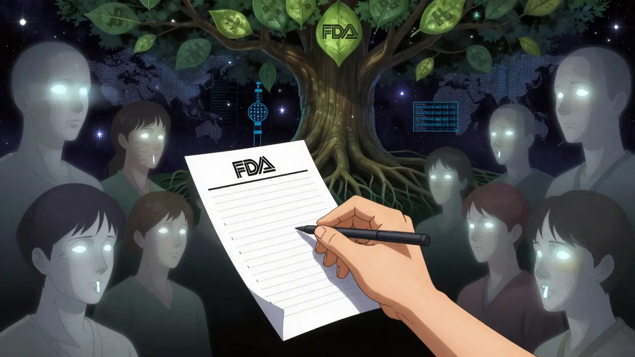A hand writing a report as ghostly patient faces and an FDA-logo tree emerge from glowing parchment.