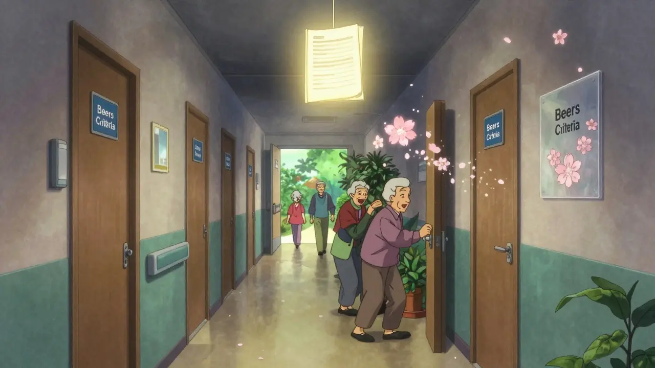 A hospital corridor with one open door leading to a peaceful garden of independence.