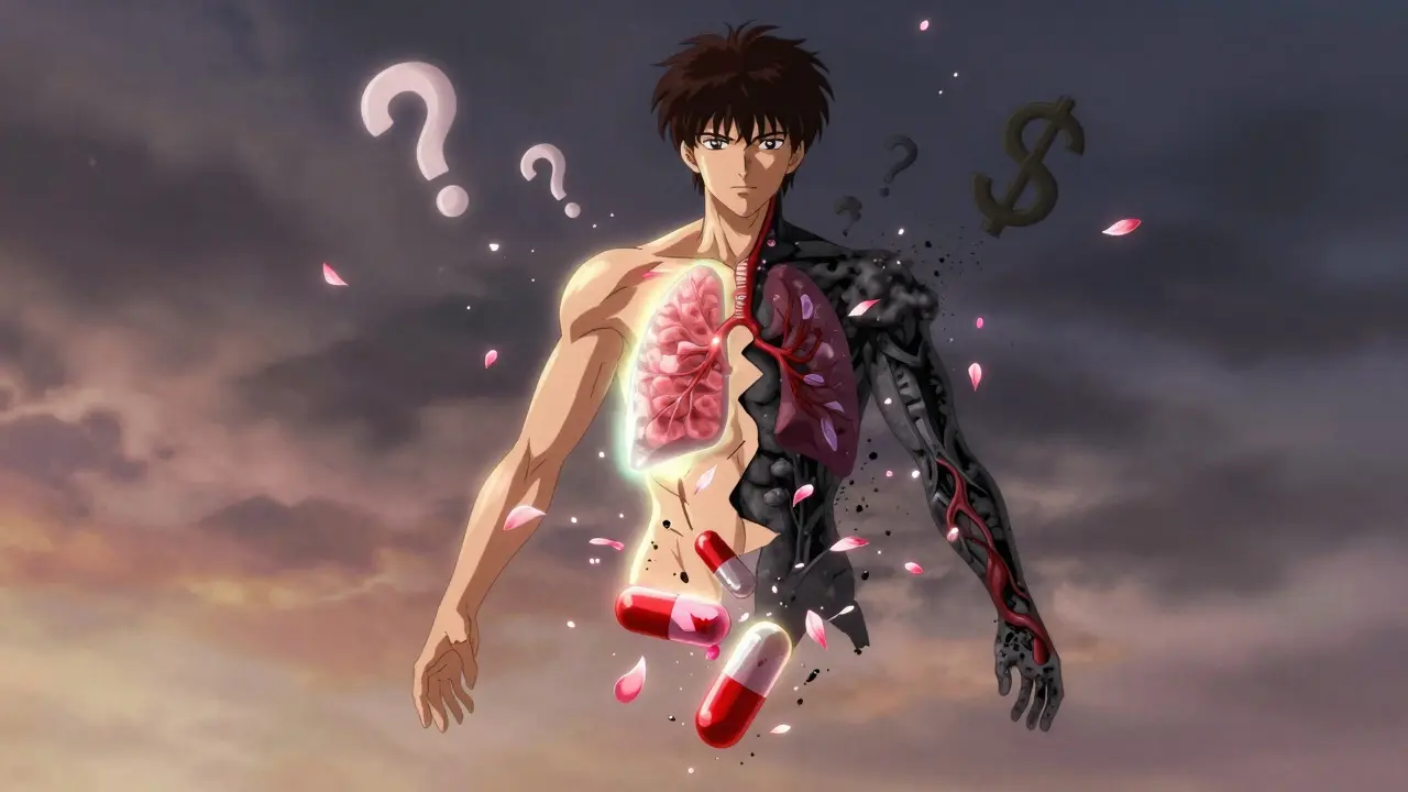 A man's body dissolving into pills and medical symbols, showing healthy vs. damaged systems.