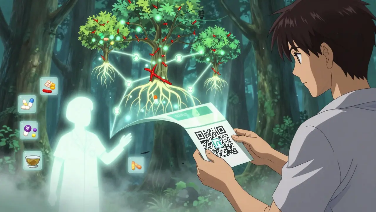 A man scanning a QR code that reveals a glowing forest of interacting drugs and a pharmacist figure.