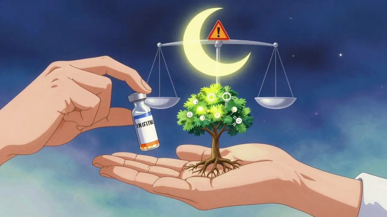 A medical hand beside a tree of alternative pain treatments, growing from an open palm.