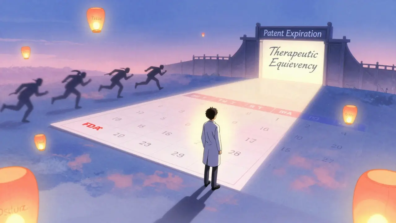 A patient stands before a digital calendar of drug release dates, with manufacturers racing toward a patent expiration gate.