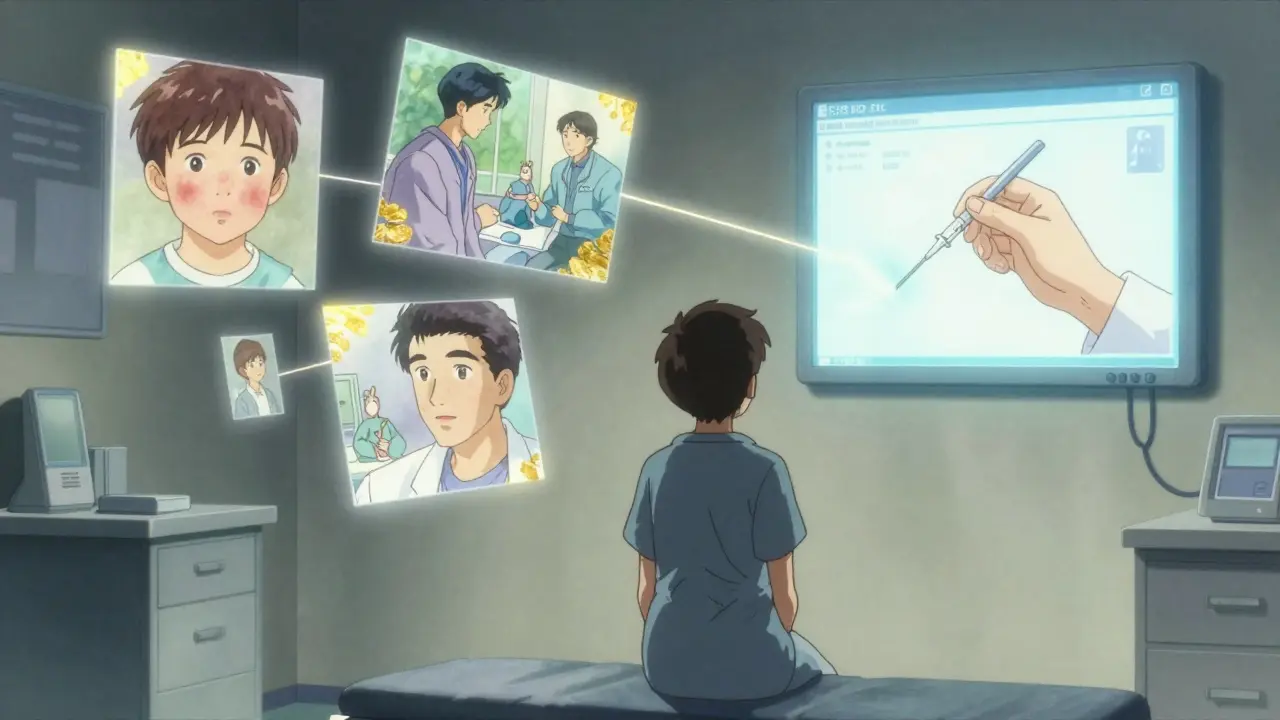 A patient surrounded by floating memories of allergic reactions connected to a digital health record.