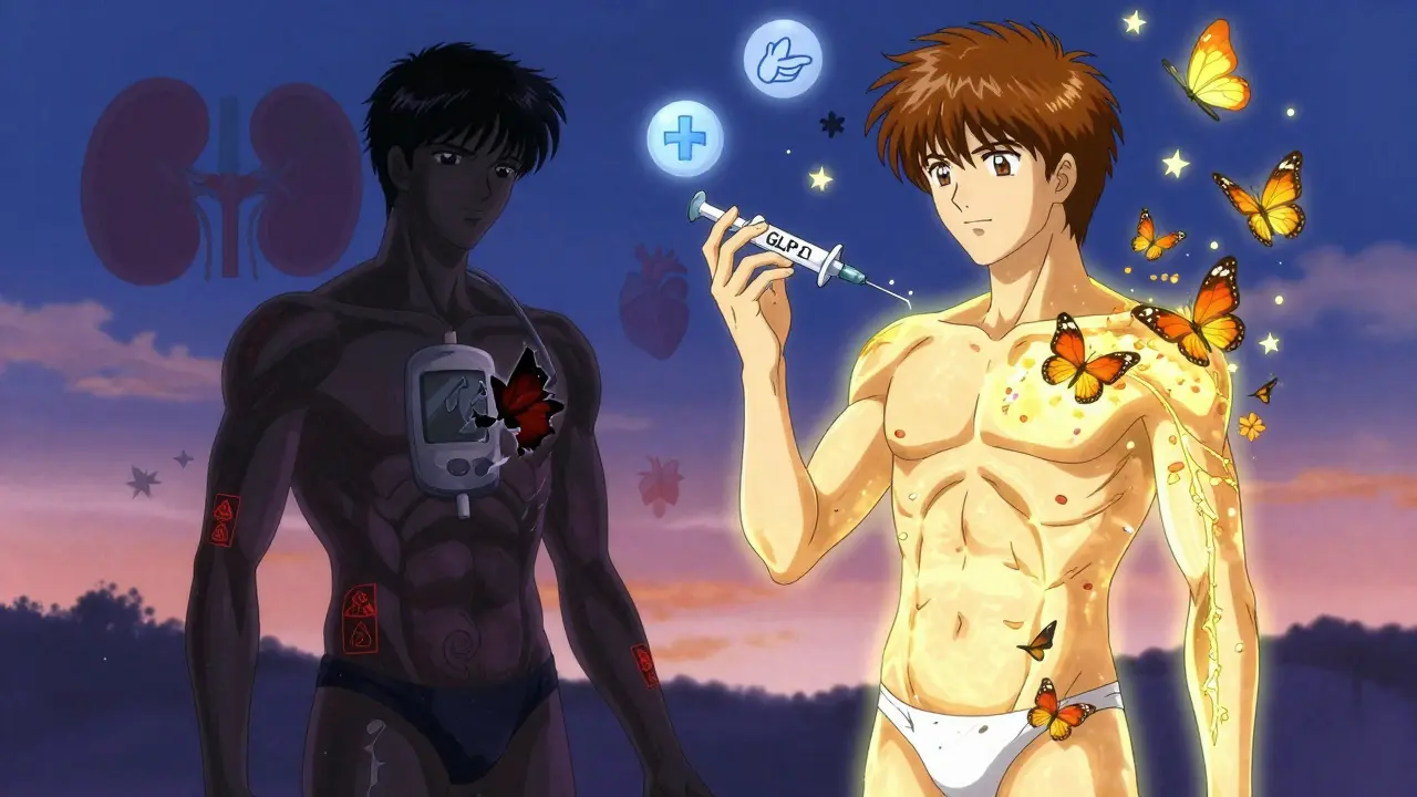 A patient transforming from illness to health, with butterflies and medical icons rising around them.