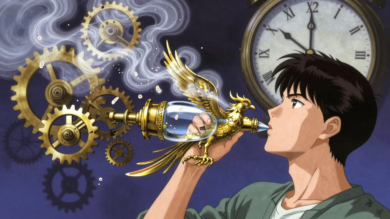 A patient using a phoenix-shaped inhaler, with mist particles dissolving into lungs and broken device gears.