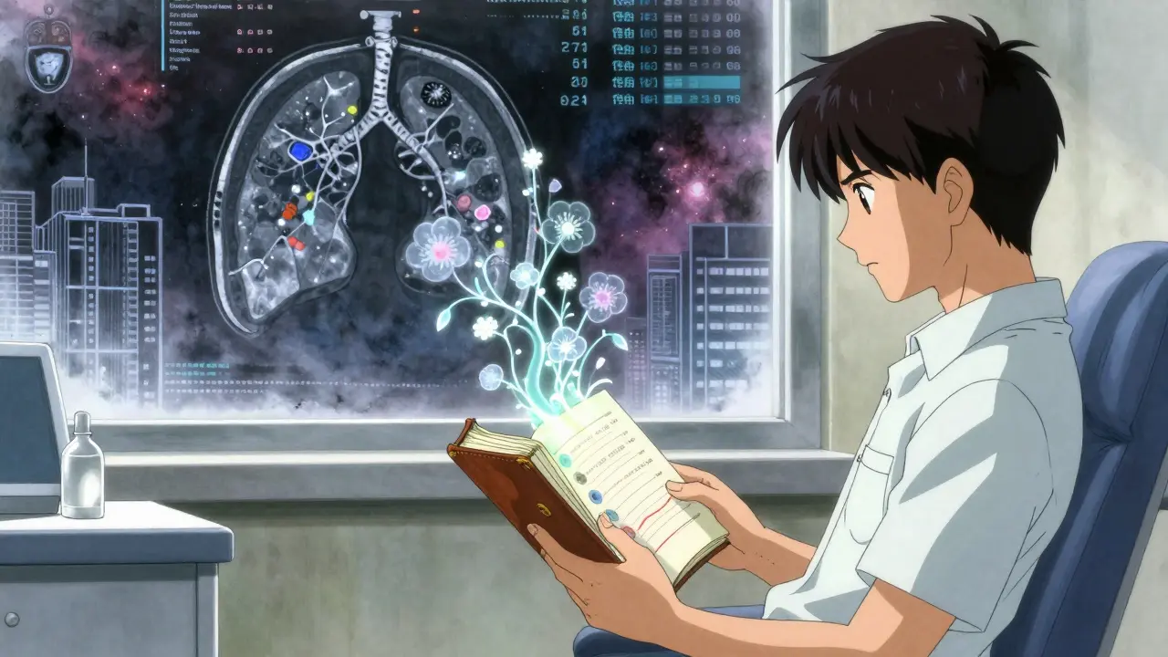 A patient with a symptom journal as glowing glyphs rise into PET scan patterns in soft watercolor tones.