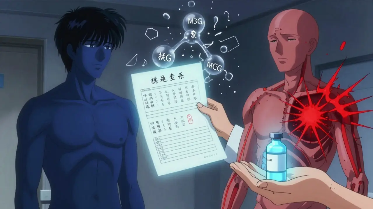 A patient with split-body pain mapping, one side normal, the other exploding with red lines, held by a glowing questionnaire.