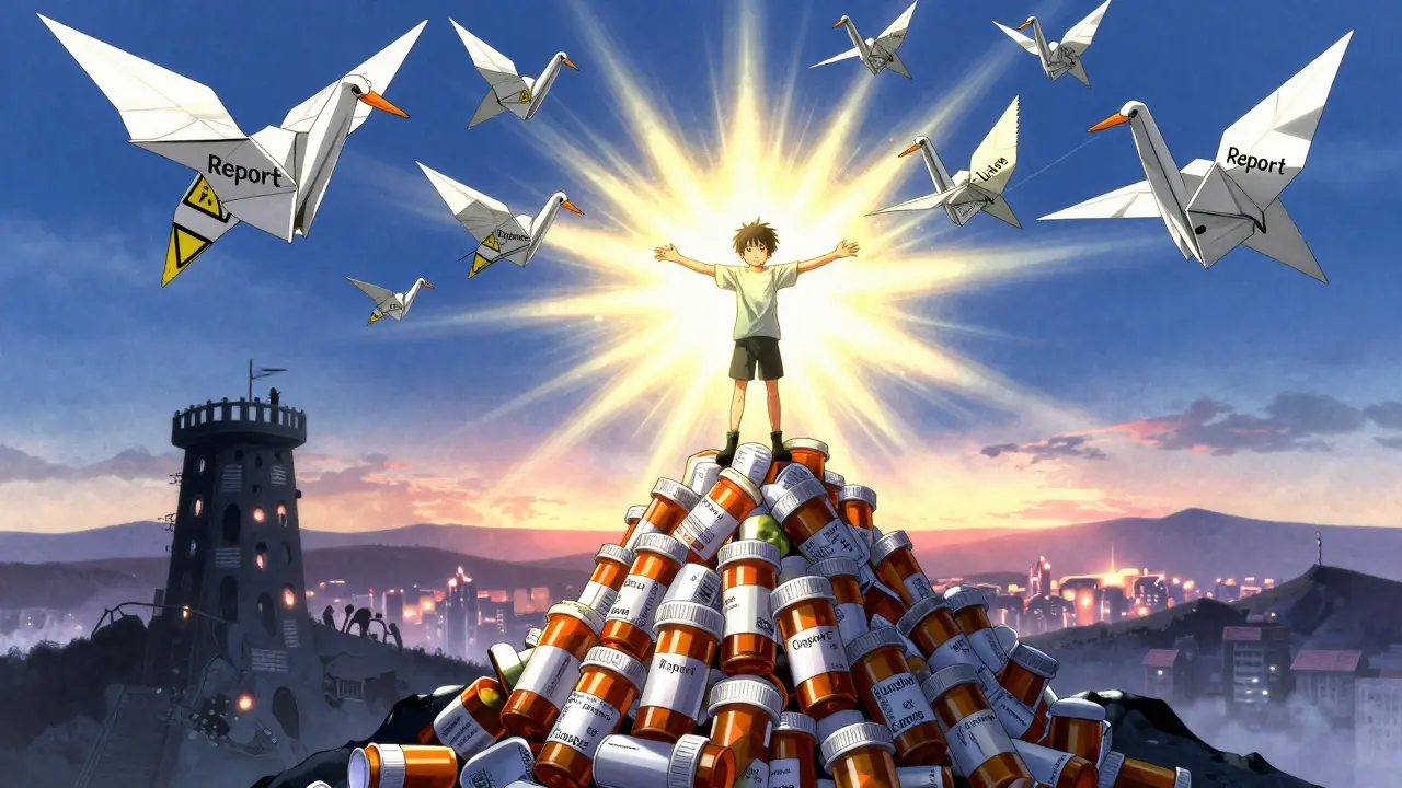 A person standing on pill bottles, releasing paper cranes with safety messages into a rising dawn.