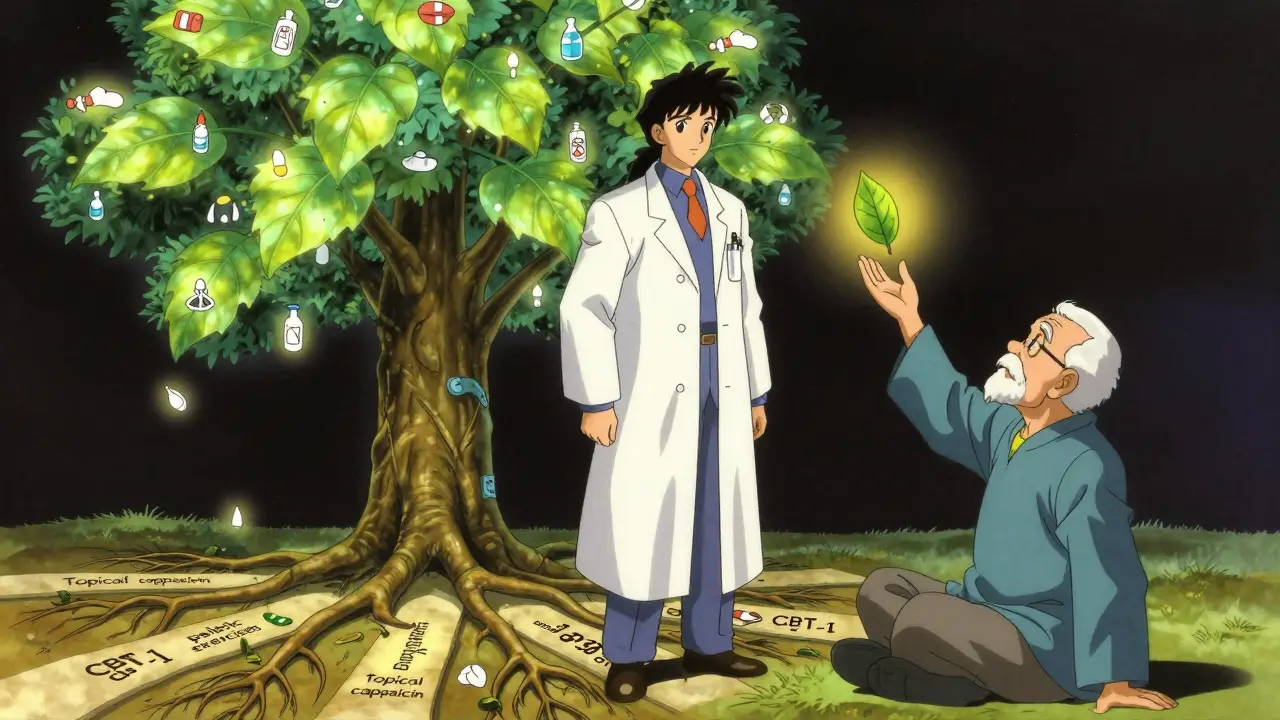 A pharmacist beside a tree with medical leaf alternatives glowing in soft light.