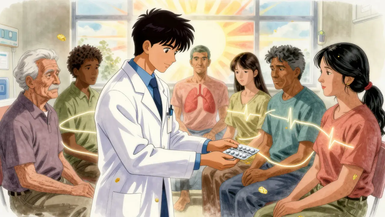 A pharmacist giving organized pills to diverse patients, with glowing paths to healed versions of themselves.