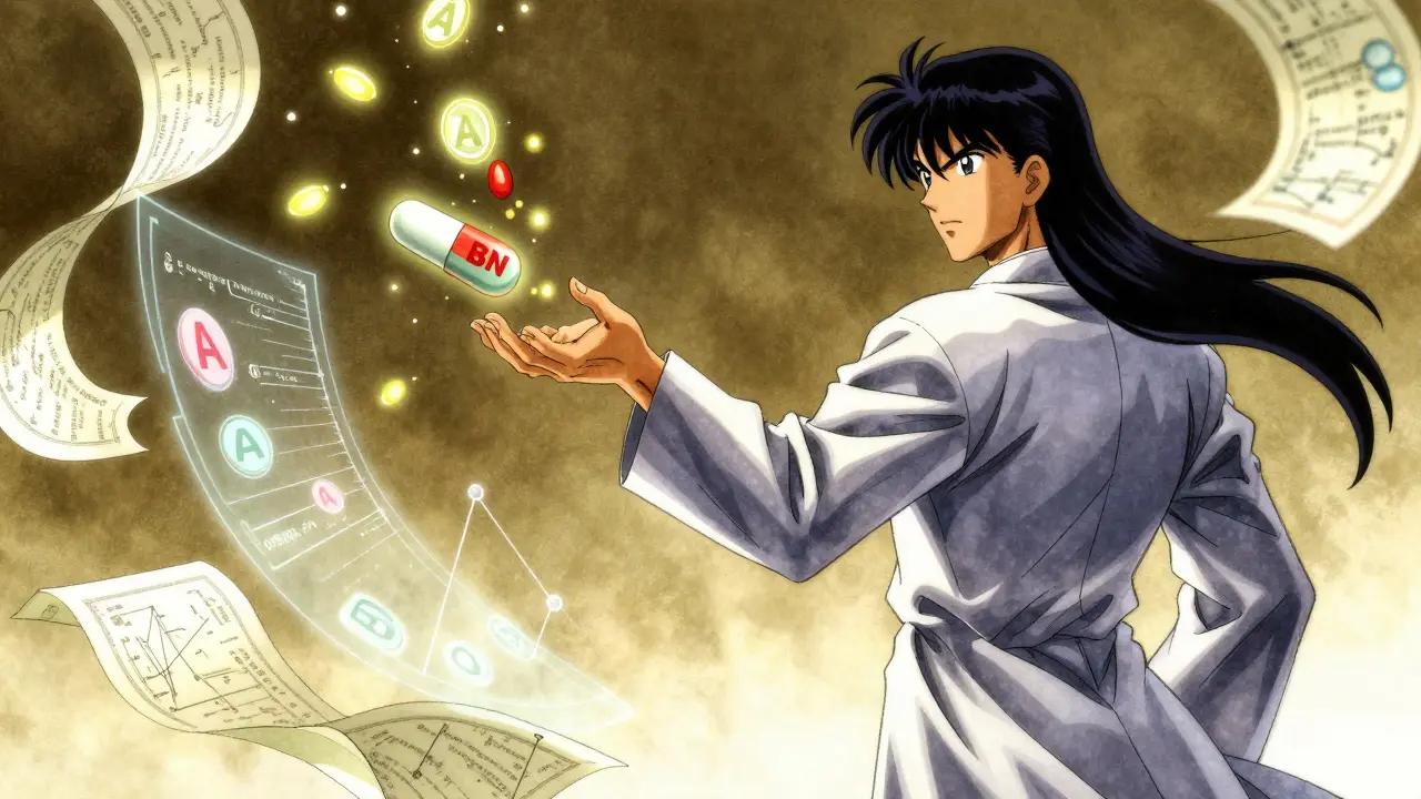A pharmacist reaches toward a holographic Orange Book interface with glowing generic pills and patent scrolls.