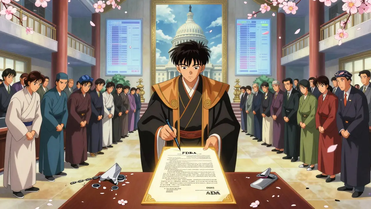 A solemn figure signs a glowing compliance document as workers bow before a mirror reflecting the U.S. Capitol, cherry blossoms falling.