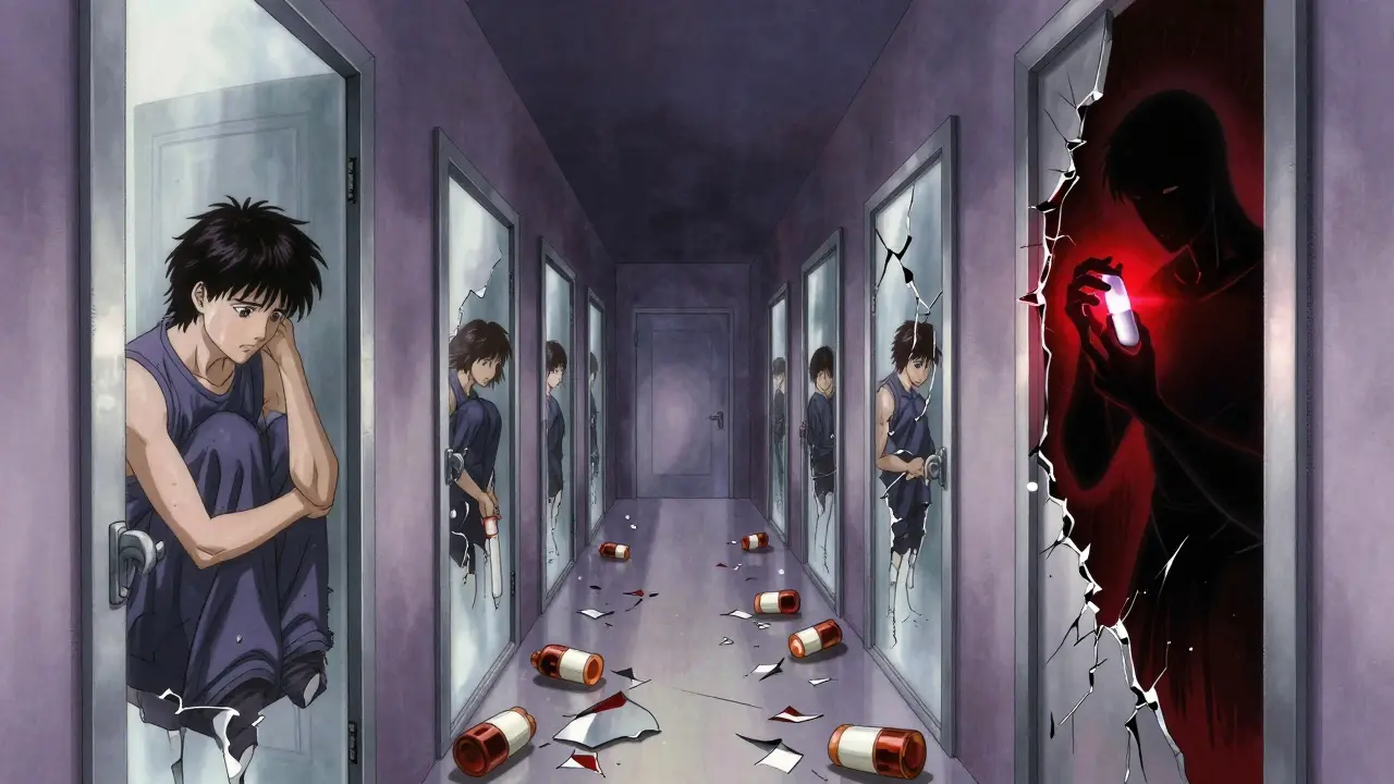 A surreal hallway with mirrored doors representing pain, withdrawal, and overdose risk.