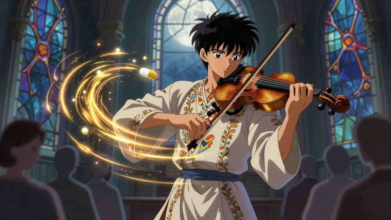 A violinist playing calmly as golden energy calms invisible tremors beside their heart.