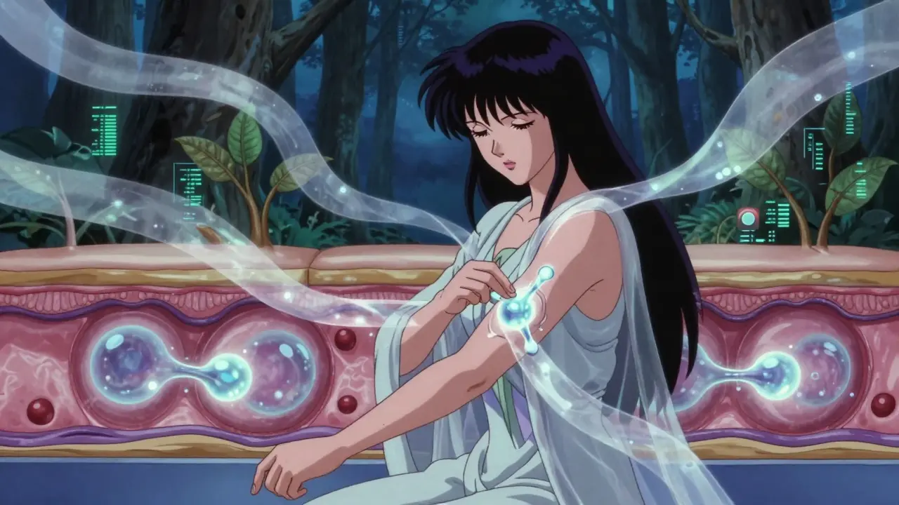 A woman's arm with translucent skin layers showing drug molecules, surrounded by floating tape strips.