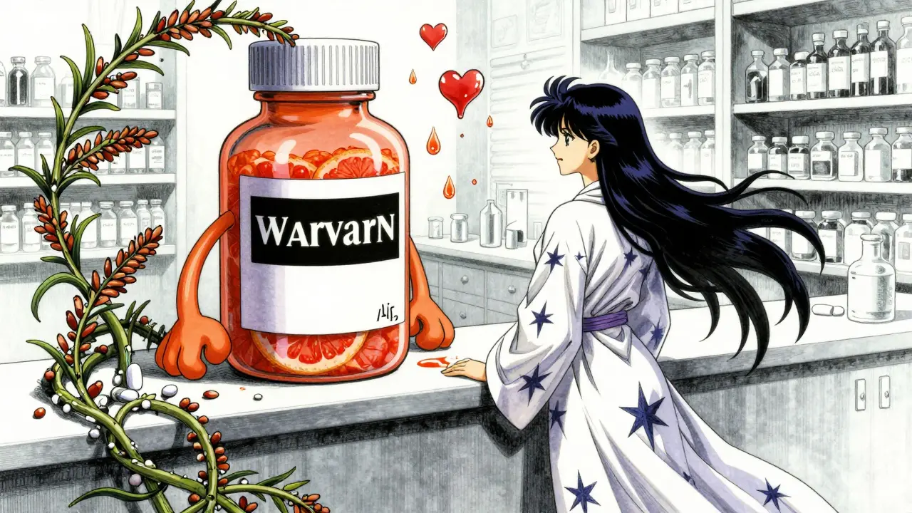 A woman beside a warfarin bottle with a black box warning, surrounded by dangerous food interactions.
